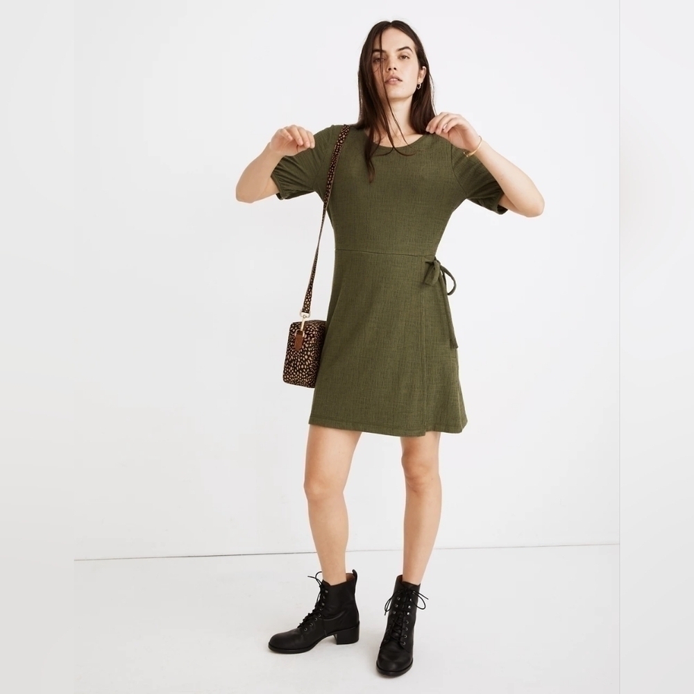 Madewell Olive Puff Sleeve Tie Waist Wrap Mini Dress Cottagecore Girly Feminine